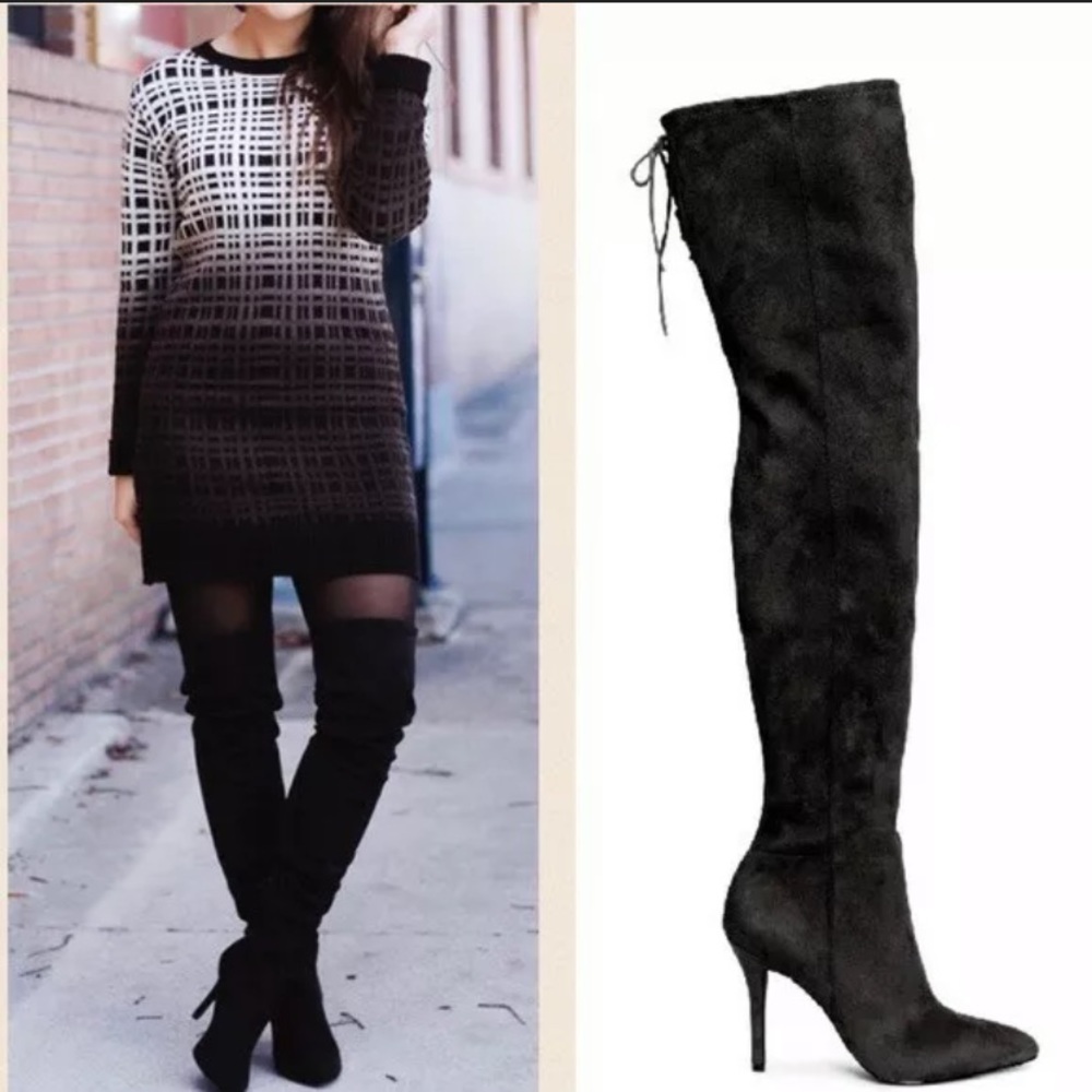 NEW H&M Faux Suede Black Thigh High Heel Boot (9)
